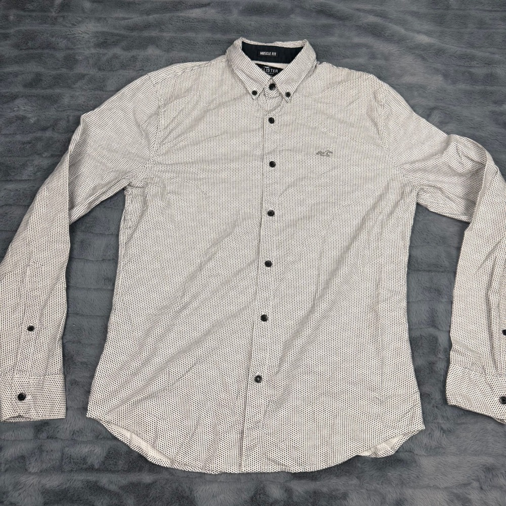 Hollister Mens Muscle Fit Epic Flex Shirt White Black Geometric Pattern M 14582